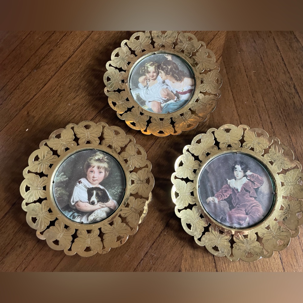 Antique Set of 3 Vintage Brass Filigree Butterfly Framed Mini Pictures